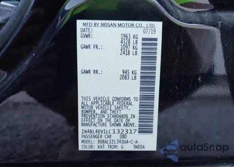 2020 Nissan Altima Sl Fwd from USA, damaged, VIN 1N4BL4EV1LC132317